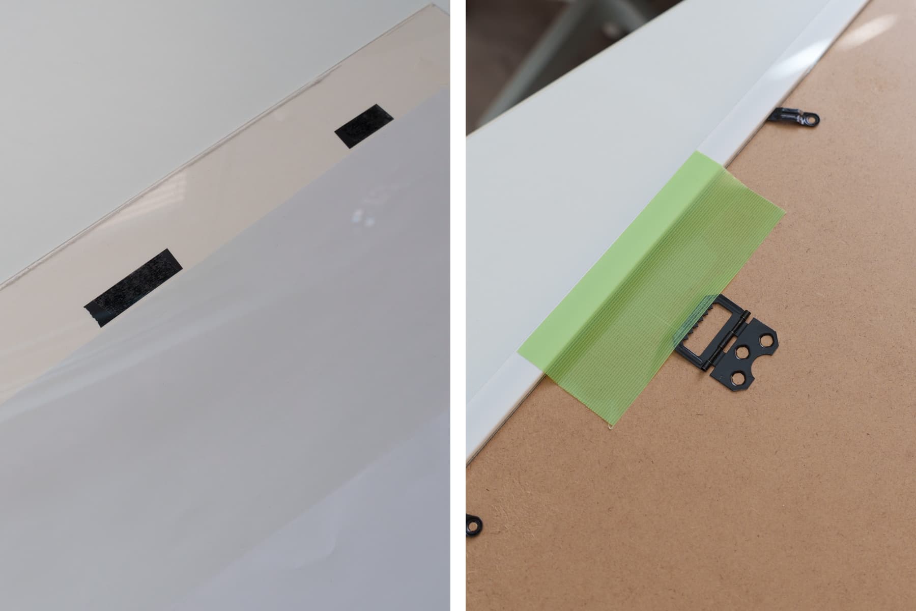 アクリル板とマットを両面テープで固定して、背板とフレームを養生テープで固定