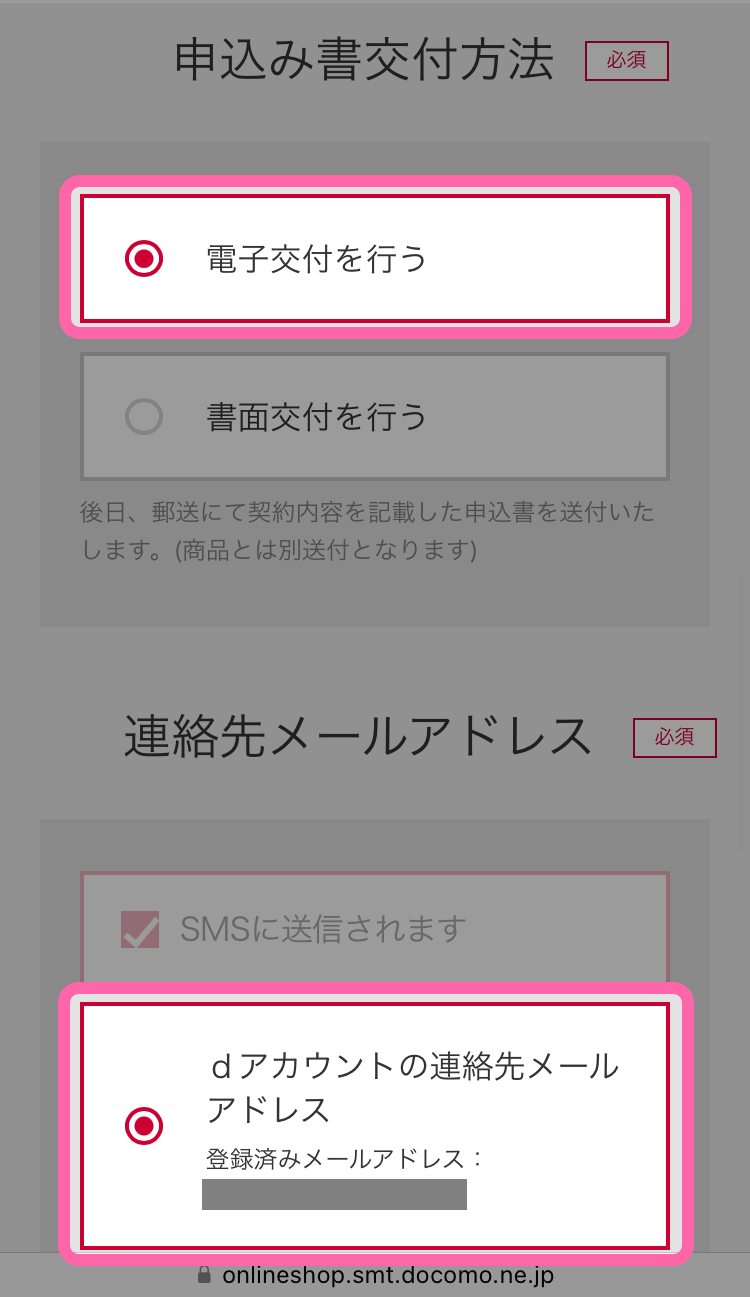 申込み書交付方法で電子交付を選んだ状態