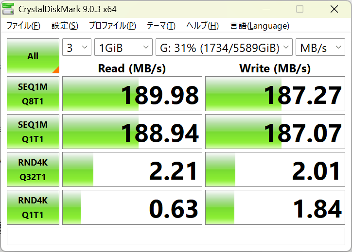 BUFFALO 外付けHDD Seagate Basic HD-SGDA6U3-BのCrystalDiskMark